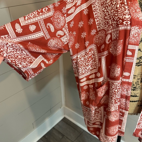 Loveriche Open Front Orange Rust Paisley Patch Kimono Robe Medium - Picture 2 of 9